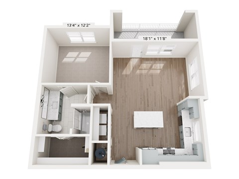 A floor plan of a small apartment with a kitchen, living room, and bathroom.